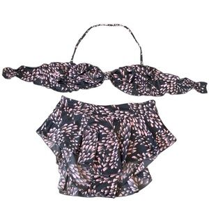Vintage Catalina USA Floral Two Piece High Waist Bikini Swimsuit Grey and Pink